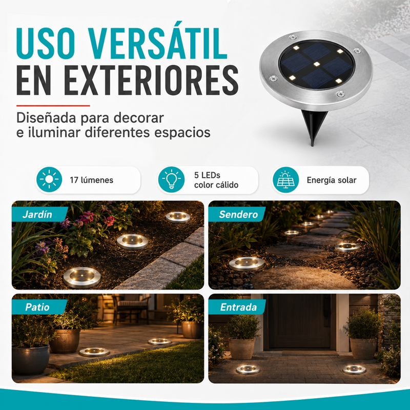 Lámpara Solar LED De Piso Para Exterior. Luz Cálida de 12 Lúmenes Con Panel Solar para jardín o patio. Set De 4 Unidades.