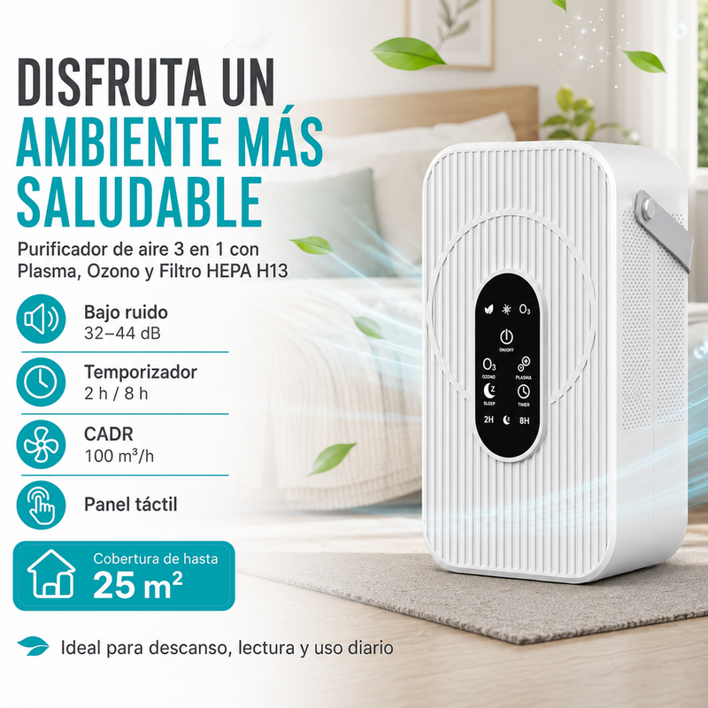 Purificador De Aire 3 En 1 Con Filtro HEPA H13, Plasma Y Ozono. Cobertura 25 M². CADR 100 M³/H. Temporizador y funcionamiento silencioso.