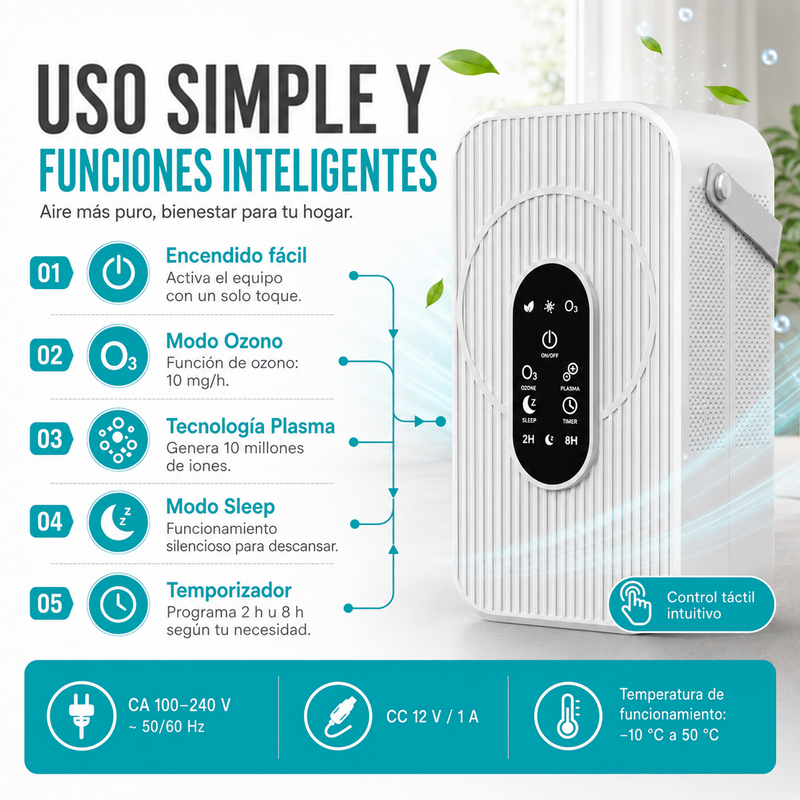 Purificador De Aire 3 En 1 Con Filtro HEPA H13, Plasma Y Ozono. Cobertura 25 M². CADR 100 M³/H. Temporizador y funcionamiento silencioso.