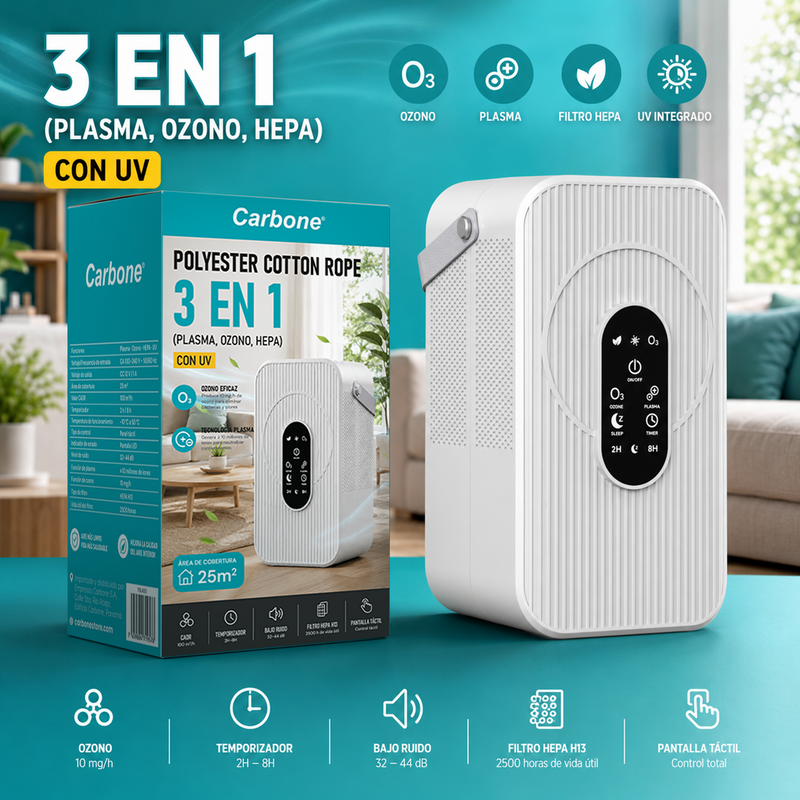 Purificador De Aire 3 En 1 Con Filtro HEPA H13, Plasma Y Ozono. Cobertura 25 M². CADR 100 M³/H. Temporizador y funcionamiento silencioso.