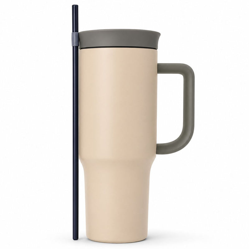 Botella De Agua Termo De 40 oz con carrizo. Vaso Térmico De Acero Inoxidable con popote. Color beige.