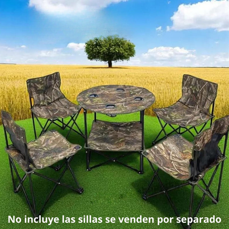 Mesa Plegable Redonda 60X60X70cm Tela Oxford y Tubos de Acero Camping Camuflada con Portavasos. Ideal para Camping Playera Jardín y Pesca.