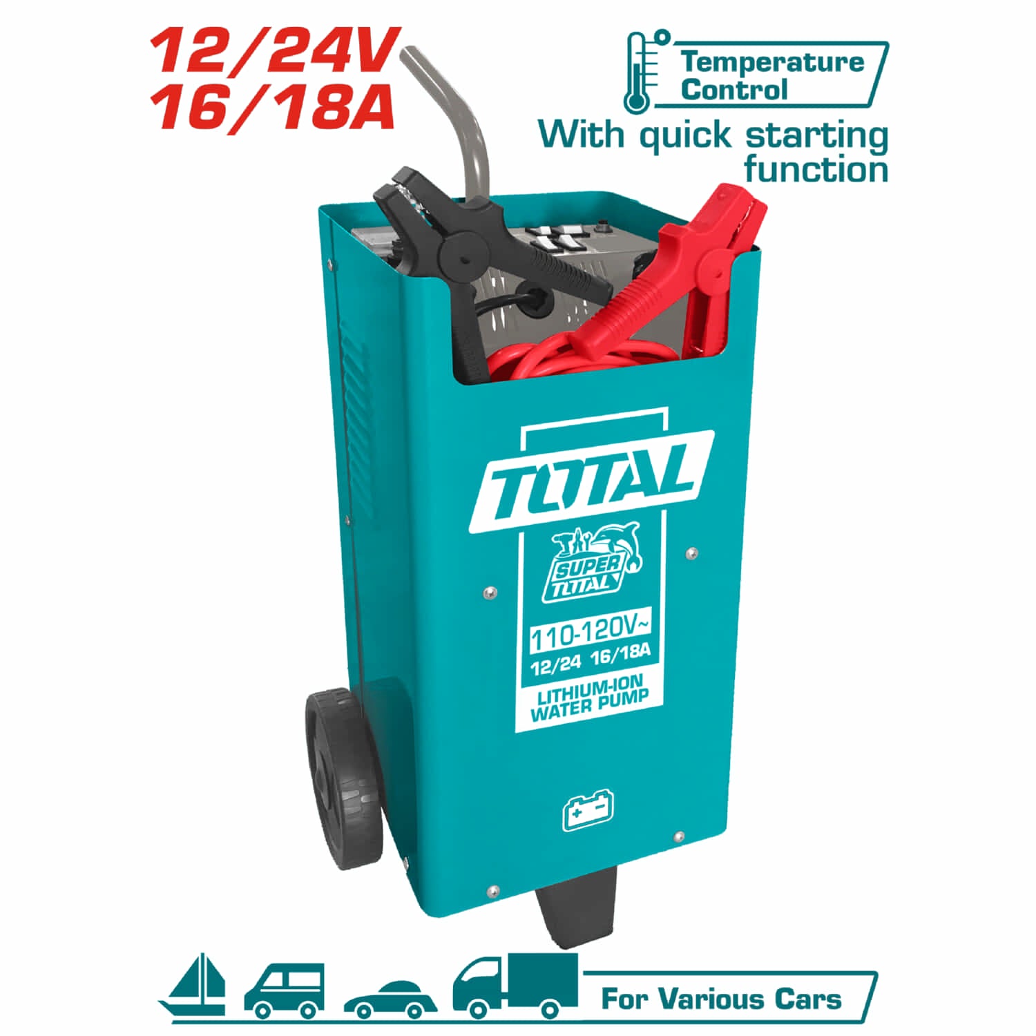 Cargador de batería y arrancador auxiliar 12/24V 16/18A para Autos y camionetas. Voltaje 110V.