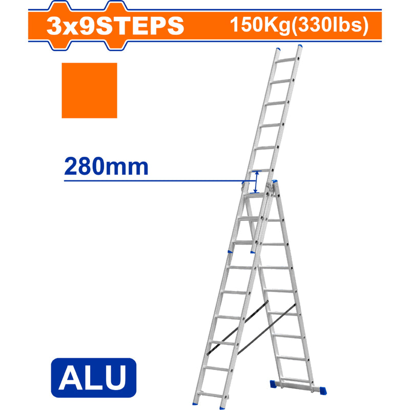 Escalera de Tijera Extensible escalones 3x9 de Aluminio. Carga máxima: 150Kg. Altura escalon: 280mm.