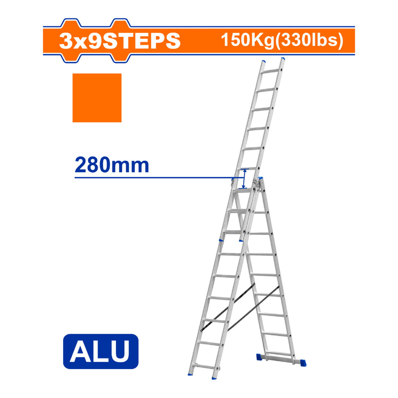 Escalera de Tijera Extensible escalones 3x9 de Aluminio. Carga máxima: 150Kg. Altura escalon: 280mm.