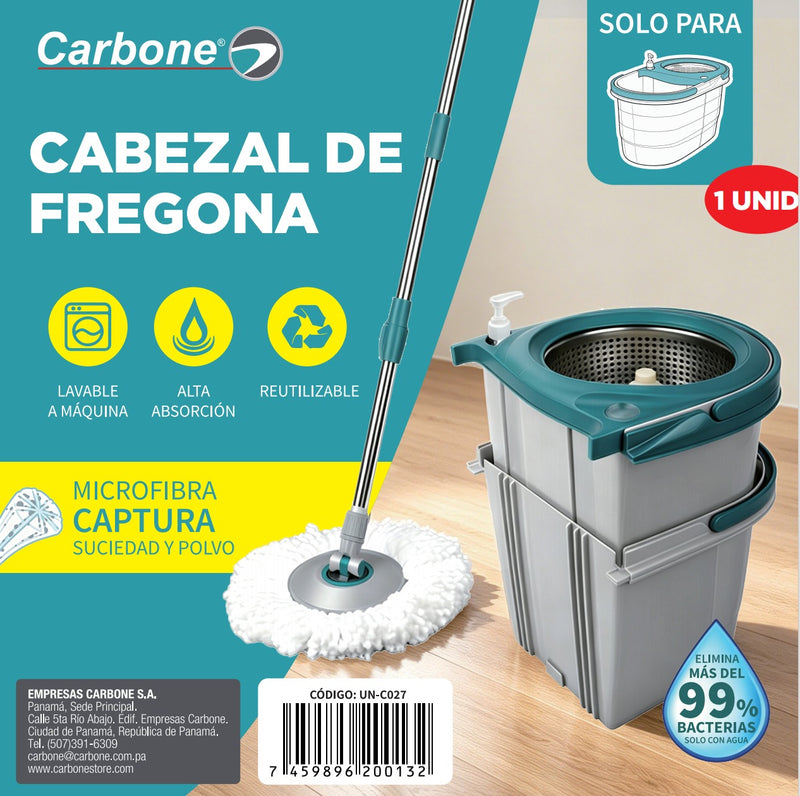 Repuesto Cabezal de Fregona de Microfibra. Compatible con Trapeador Giratorio 360° Spin Mop (UN-C026). Mopa Lavable y Reutilizable.  Carbone Clean Freak