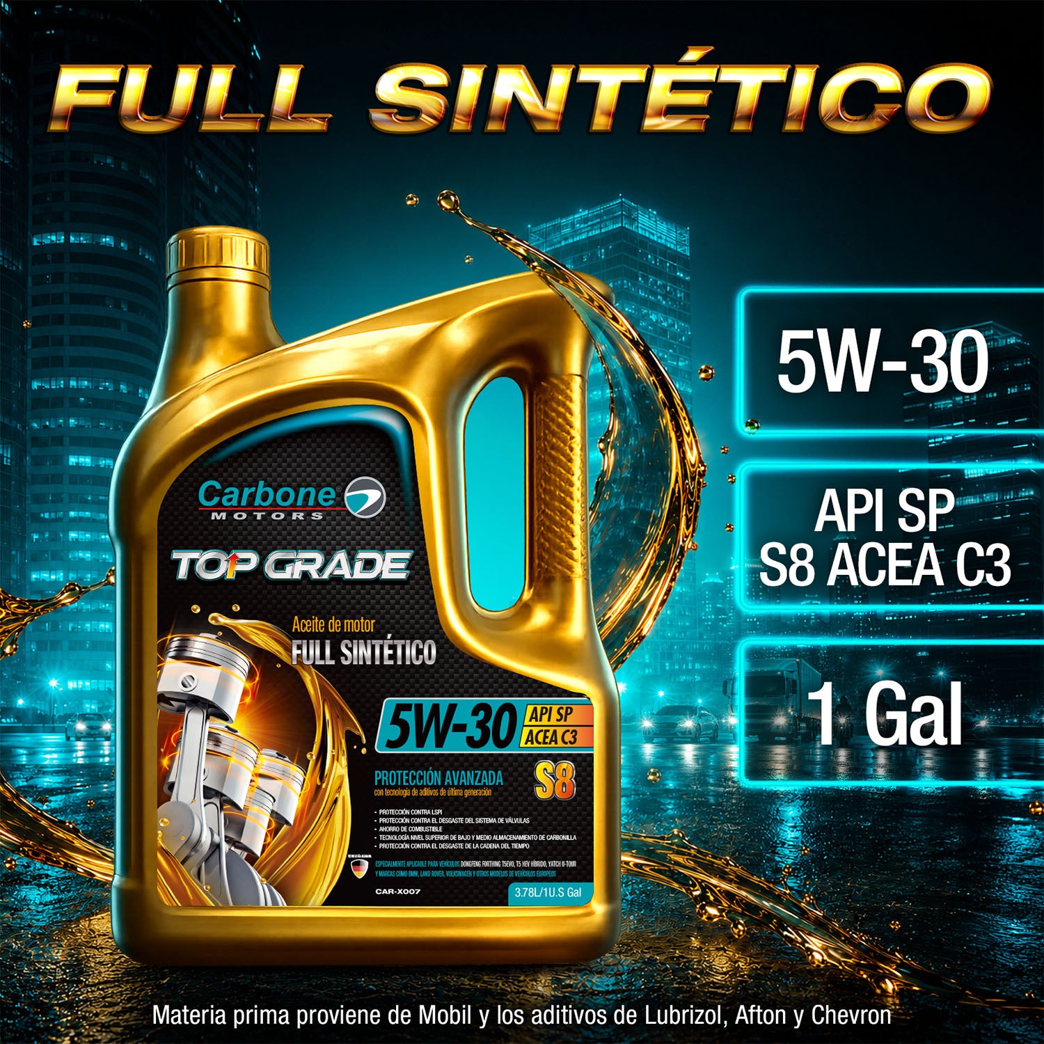 ACEITE DE MOTOR API SP 5W30 FULL SINTÉTICO (TOP GRADE) GASOLINA S8 ACEA C3 CARBONE MOTORS (1  galon)