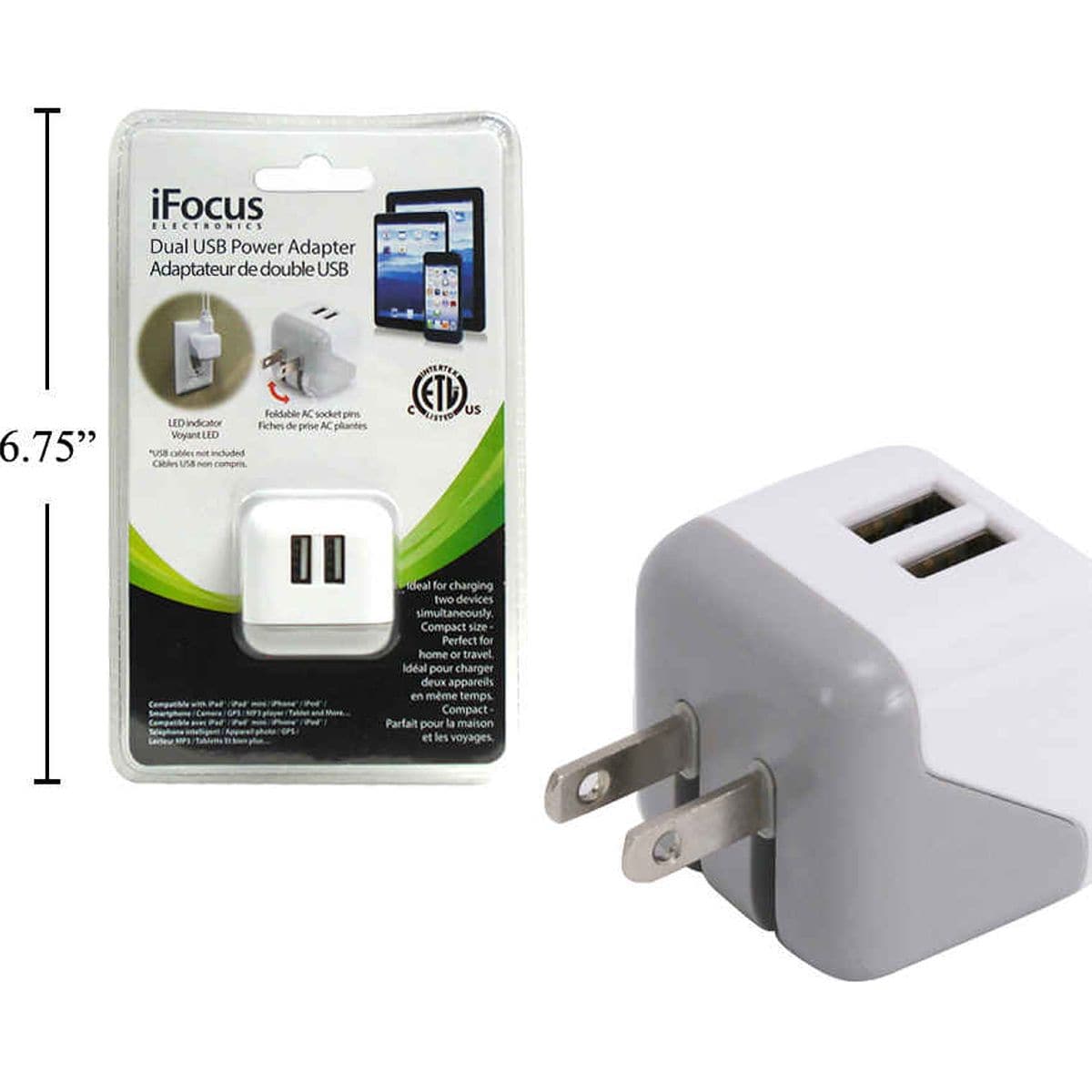 Ifocus, Cargador De Pared USB Dual, Blanco, 5V, Salida 2.1A