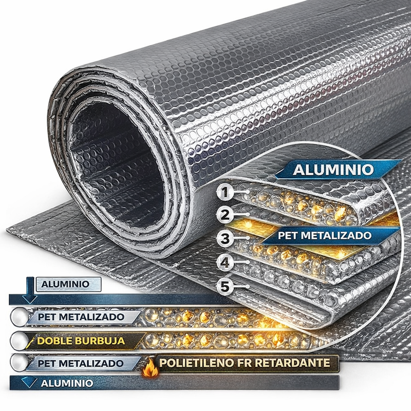 Aislante Térmico para Techos y Paredes – Doble Burbuja 2 Caras de Aluminio 97% Reflectividad – Rollo 4’x125’ (1.22x38.1m) 5-7mm – Ignífugo, Ahorra Energía y Reduce Calor