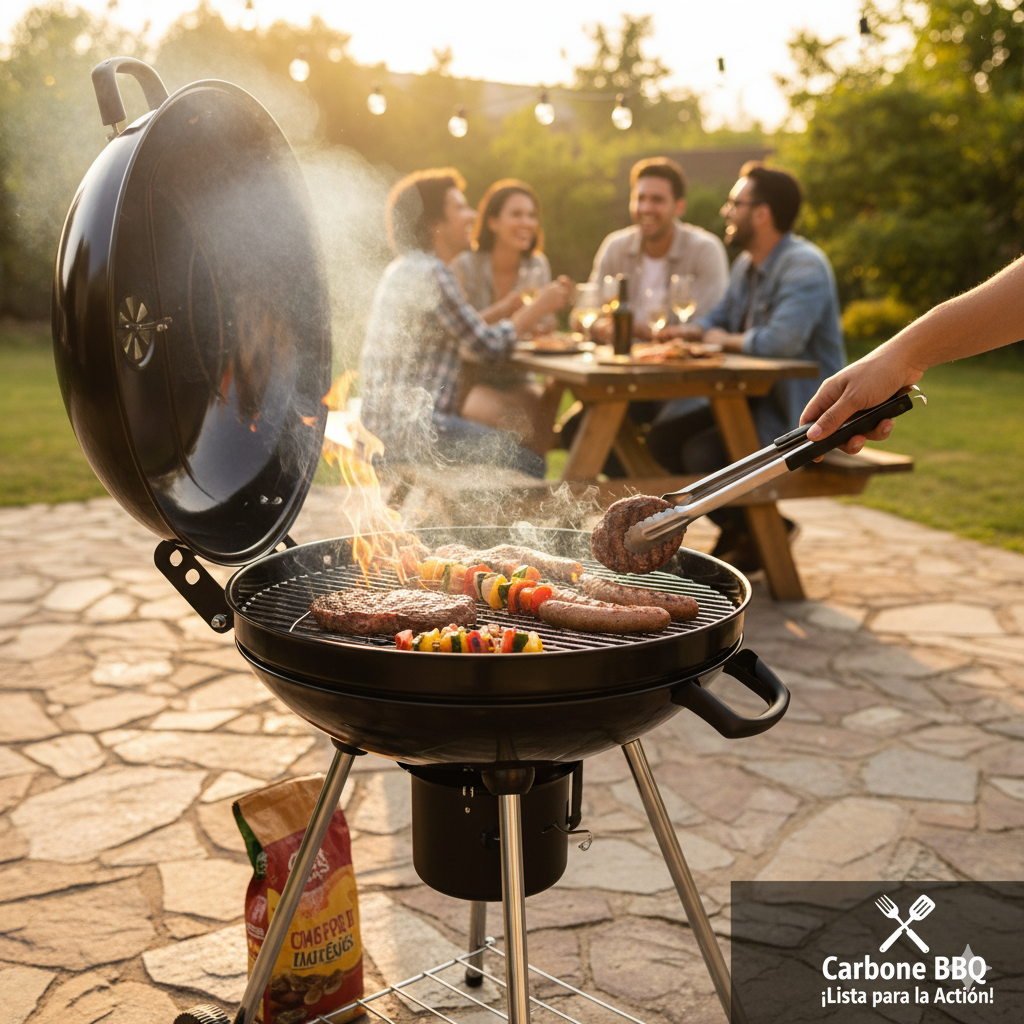 Parrilla de carbón redonda 56x88 cm estilo barbacoa portátil de hierro con termómetro y estante. Asador a carbón