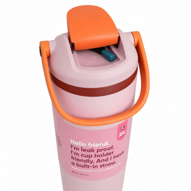 Botella De Agua Termo De 30oz. Vaso Térmico De Acero Inoxidable Con tapa hermética antiderrames, carrizo integrado y Asa. Color Rosado Claro.
