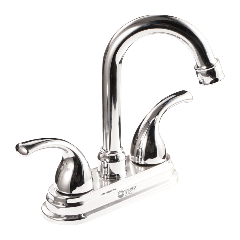 Grifo Mezclador 4" para Lavamanos. Pluma Llave Cromada con Tubo Inoxidable y Doble Maneral.