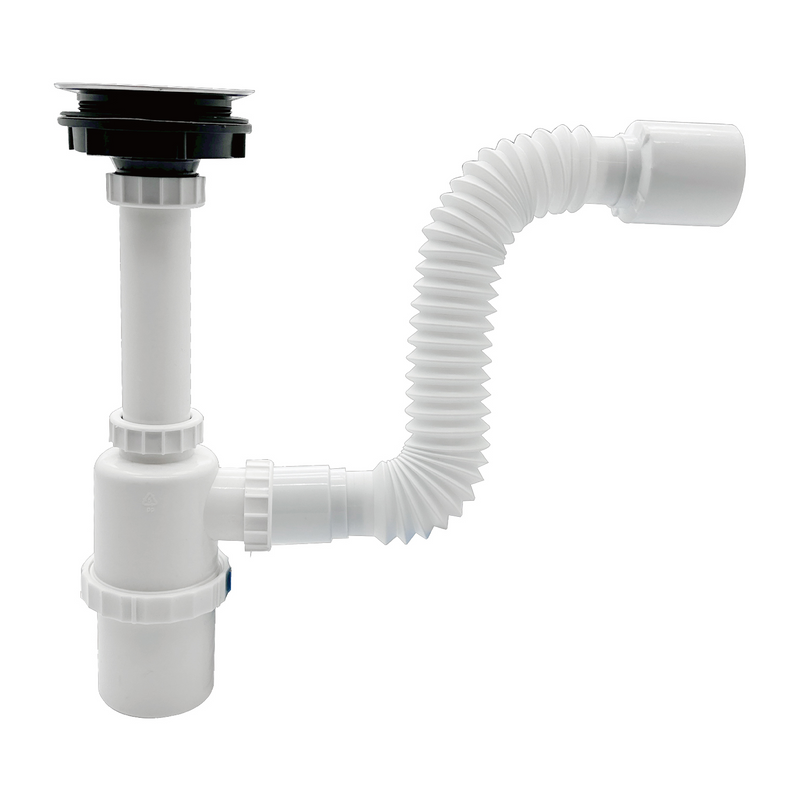 Trampa Sifón De Fregador 1 1/2". Desagüe Con Canastilla De Acero Inoxidable Y Tubo Extensible 42cm.