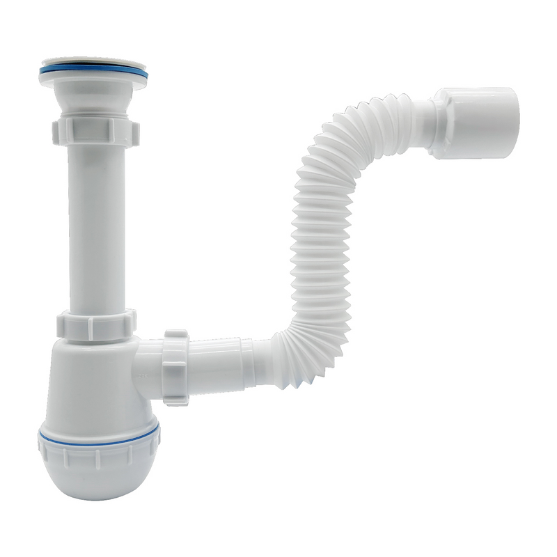 Trampa Sifón Flexible de Fregador 1 1/2". Tubo Expandible 42cm. Drenaje ajustable.