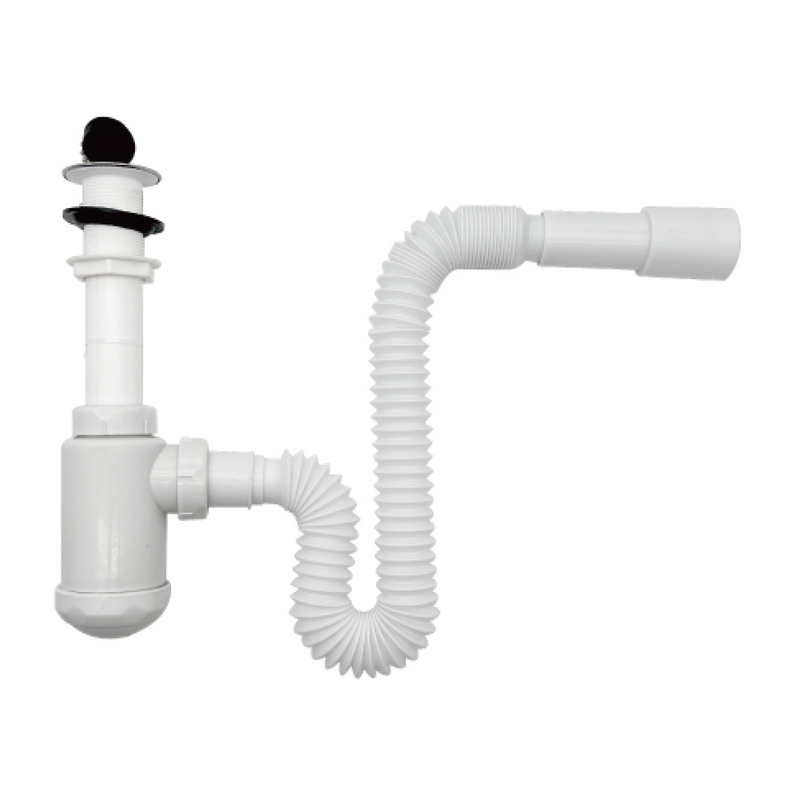 Trampa Sifón Flexible de Lavamanos 1 1/4". Tipo Botella. Tubo Expandible 80cm. Drenaje Antifugas.