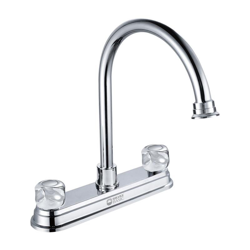 Grifo Mezclador 8" para fregador de Cocina. Pluma Llave Cromada con Cuerpo de Zinc y Giro Completo.