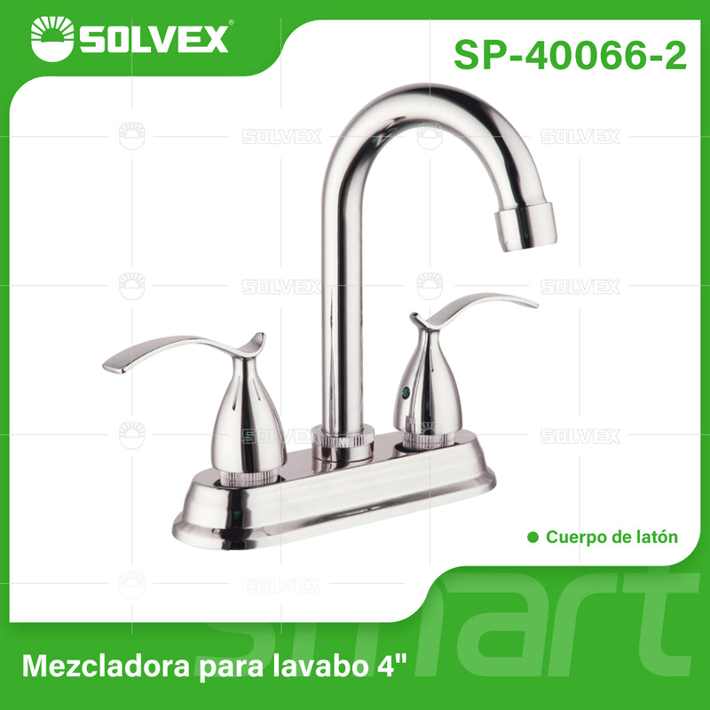 Llave Mezcladora 4" Para Lavamanos Con Cubierta y Manerales Estilo Elegante. Pluma Grifo de Acabado satinado.