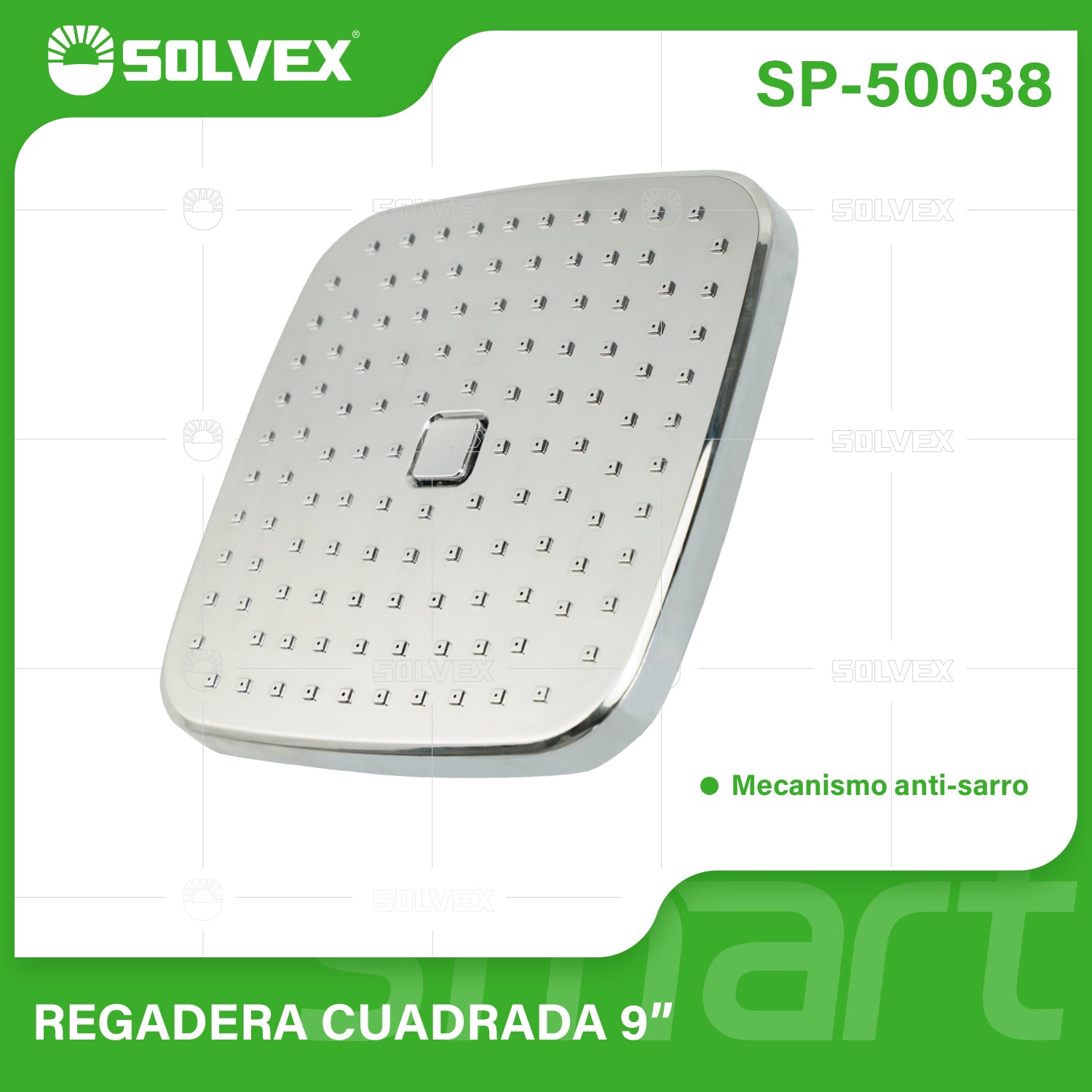 Regadera para Ducha Cuadrada 9" Cromada. Cabezal de Plástico ABS con Mecanismo Antical.