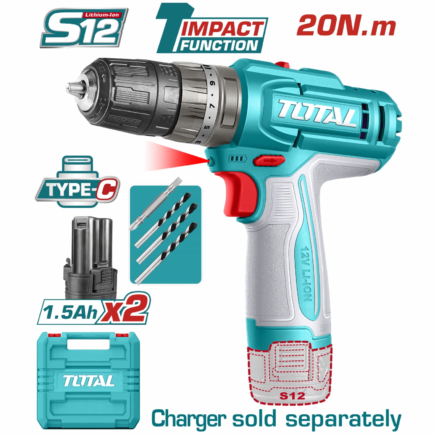 Drill Taladro Inalámbrico 3/8" 12V Función Impacto 0.8-10mm 20Nm Luz LED. No incluye cargador. Super Total