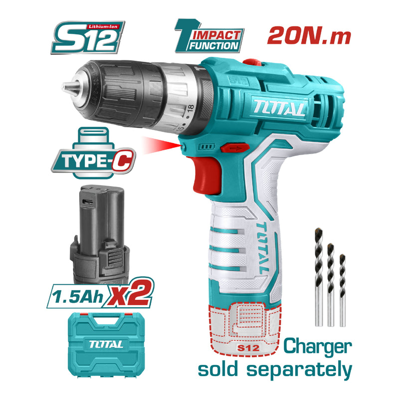 Drill Taladro Inalámbrico 3/8" 12V Función Impacto 0.8-10mm 20Nm 22500/min No incluye cargador.