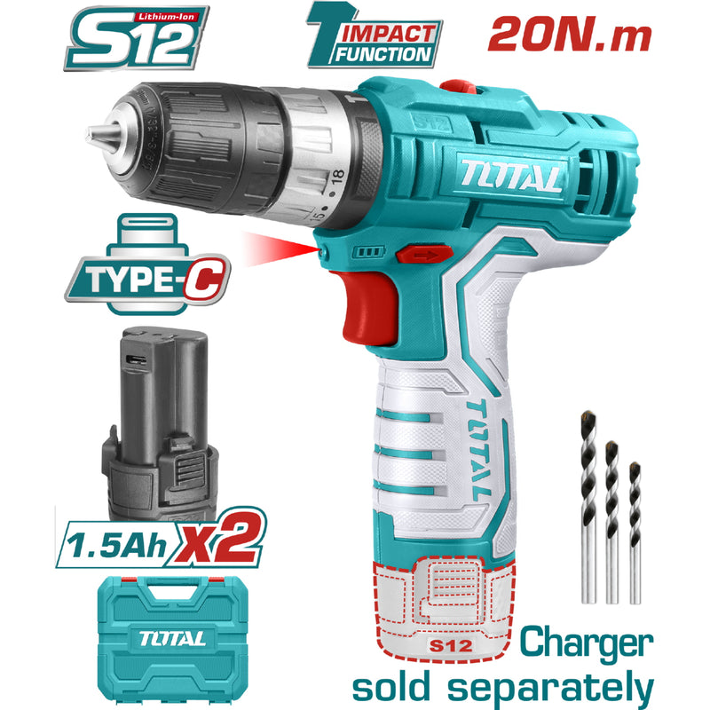 Drill Taladro Inalámbrico 3/8" 12V Función Impacto 0.8-10mm 20Nm 22500/min No incluye cargador.