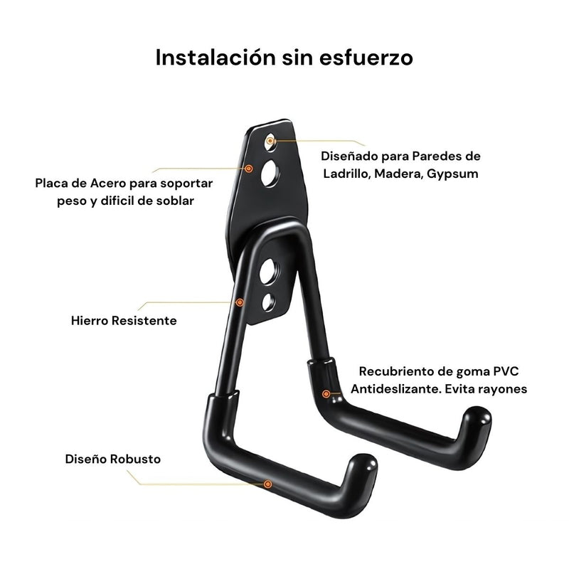 Ganchos De Soporte Metálicos Revestimiento PVC Para Herramientas Y Organización. Soporte para Colgar Bicicletas, Escaleras. Set 12 piezas.