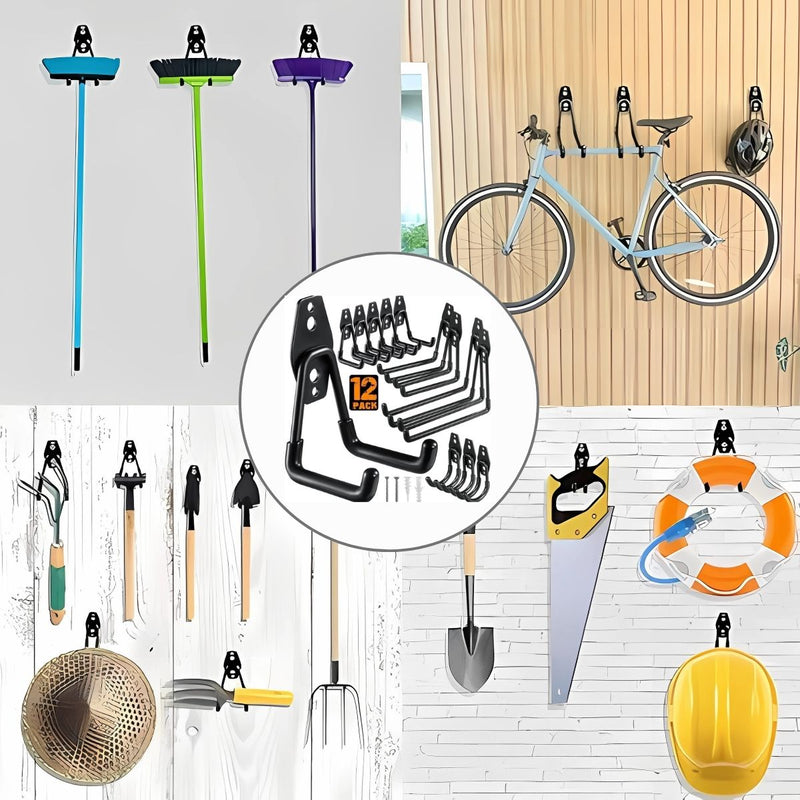 Ganchos De Soporte Metálicos Revestimiento PVC Para Herramientas Y Organización. Soporte para Colgar Bicicletas, Escaleras. Set 12 piezas.