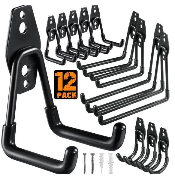 Ganchos De Soporte Metálicos Revestimiento PVC Para Herramientas Y Organización. Soporte para Colgar Bicicletas, Escaleras. Set 12 piezas.