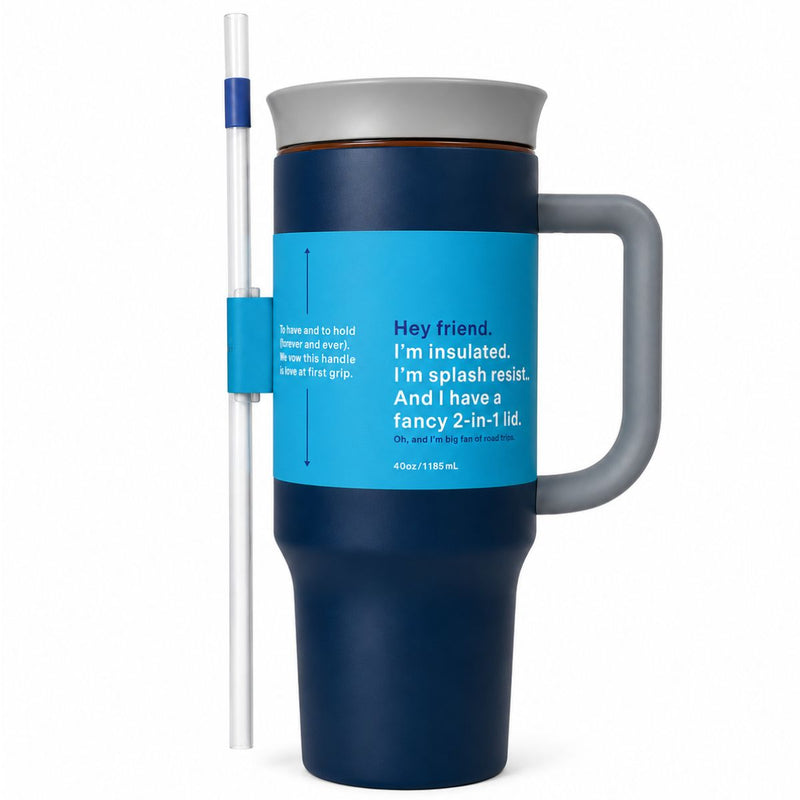 Botella De Agua Termo De 40 oz con carrizo. Vaso Térmico De Acero Inoxidable con popote. Color Azul Oscuro.