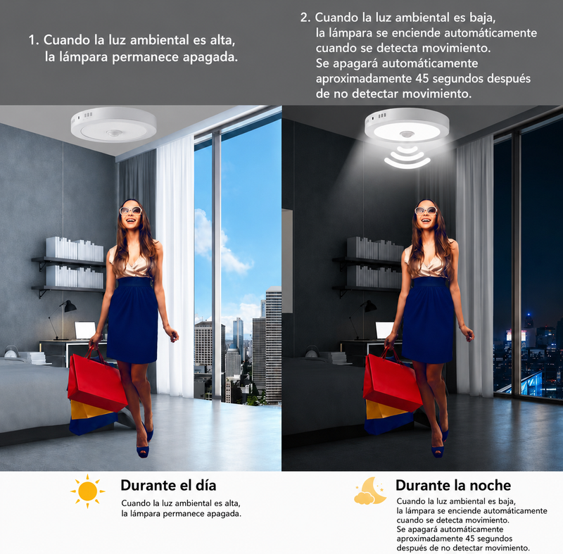 Lámpara De Techo Plafón LED 18W. Solo funciona de noche y cuando detecta movimiento. Incluye sensor de movimiento. 8.8”(22.5cm). Luz Cálida.