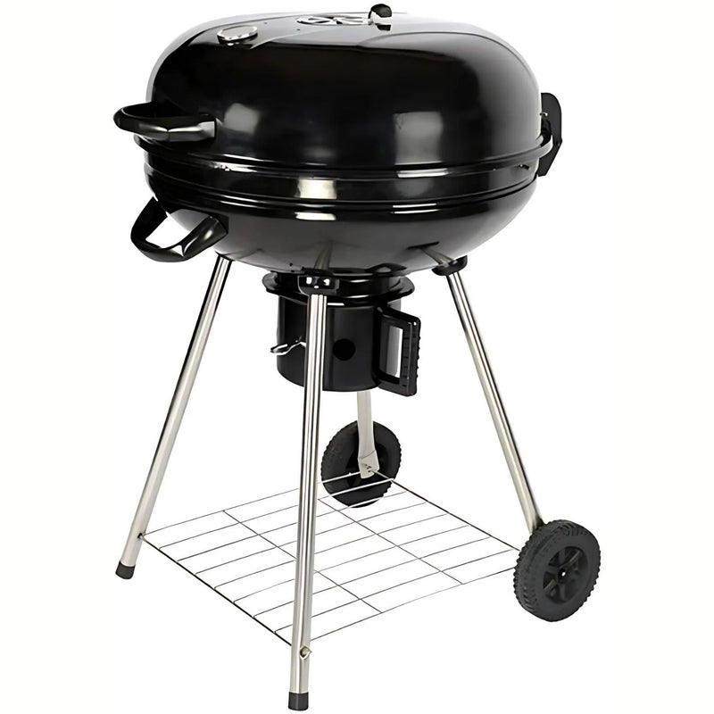 Parrilla de carbón redonda 56x88 cm estilo barbacoa portátil de hierro con termómetro y estante. Asador a carbón