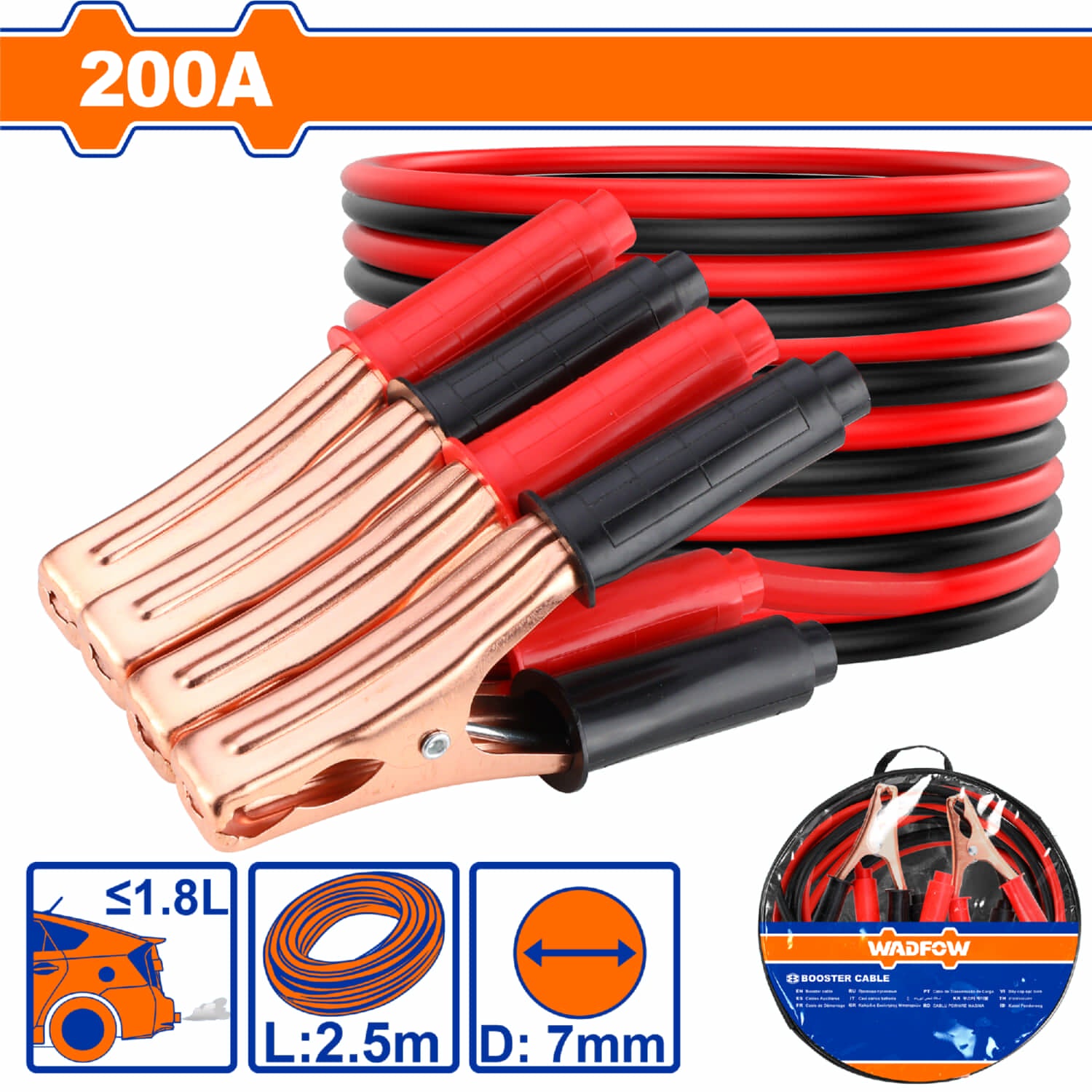 Cable Jumper para Batería 200AMP long 2.5m Pinzas Cobre Autos hasta 1.8L diámetro 7mm Cable de Arranque