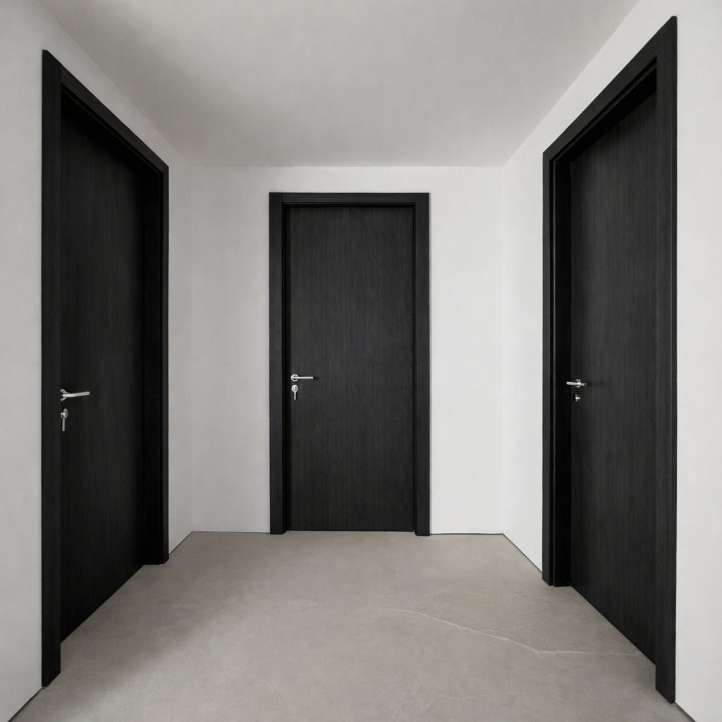 Puerta WPC 45mm madera interior Wengue 85x215cm incluye marco completo y herrajes silver. Altisima calidad y resistencia