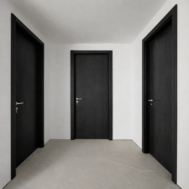 Puerta WPC 45mm madera interior Wengue 85x215cm incluye marco completo y herrajes silver. Altisima calidad y resistencia