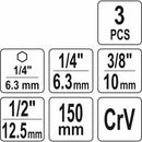 Adaptador Socket Vástago Hexagonal Extensión Juego 3 Pcs 1/4", 3/8" Y 1/2" 150 Mm Largo