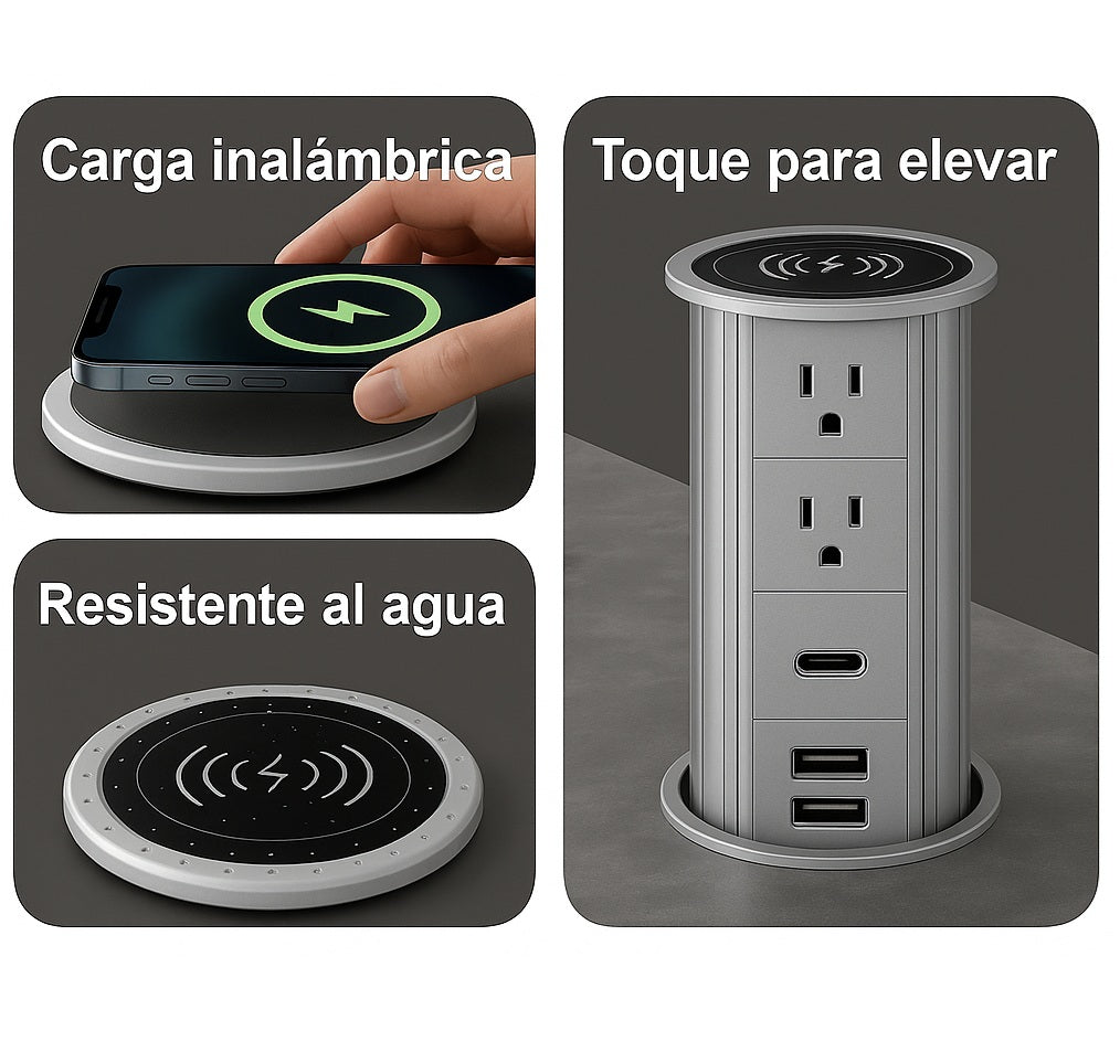 Enchufe Toma Corrientes Retráctil tipo torre con Cargador Inalámbrico. 3 tomas 110V, 2 USB y Tipo C. Torre enchufe tope sobre mesa, cocina, escritorio, oficinas.