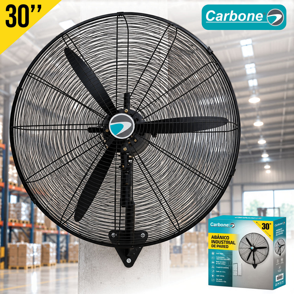 Abanico industrial 30" 180w de pared de 3 velocidades 1400/1250/1050 R Para Bodegas Galpones Talleres Galeras. Color Negro