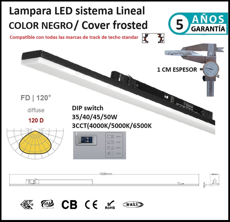 Lampara Lineal colgante comercial 1.5m Negra frosted 7000lm DIP 35-50W ajustable 4000K/5000K/6500K CRI90 3 Cables AC100-227V