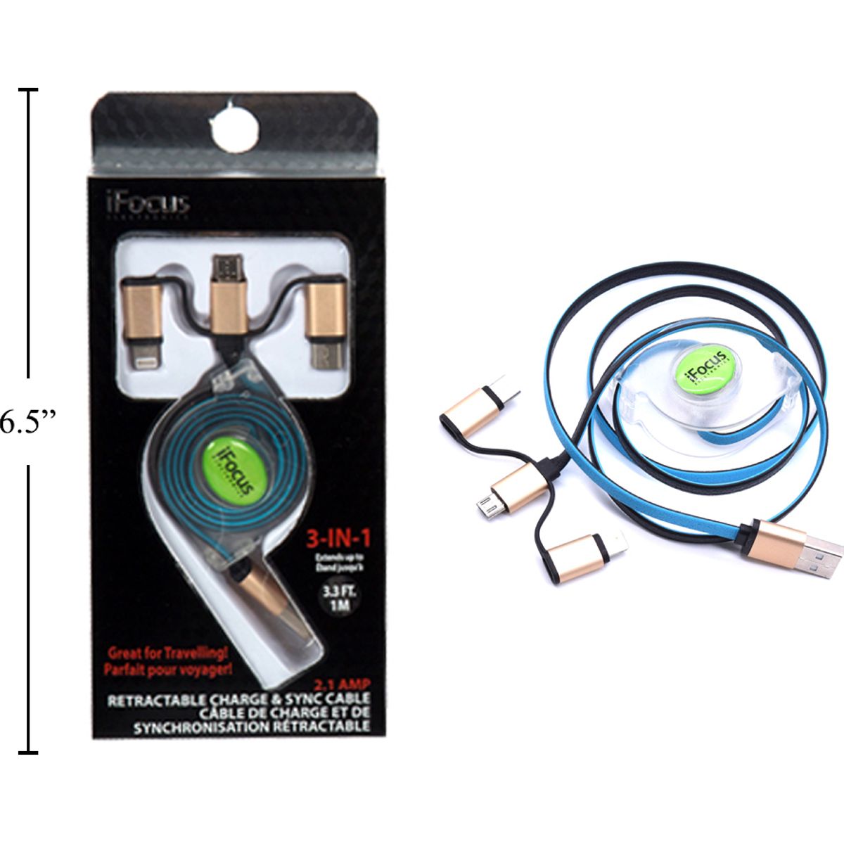 iFocus, cable retráctil de carga y sincronización 3 en 1 de 1 M, azul, cbx