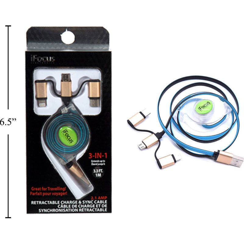 iFocus, cable retráctil de carga y sincronización 3 en 1 de 1 M, azul, cbx
