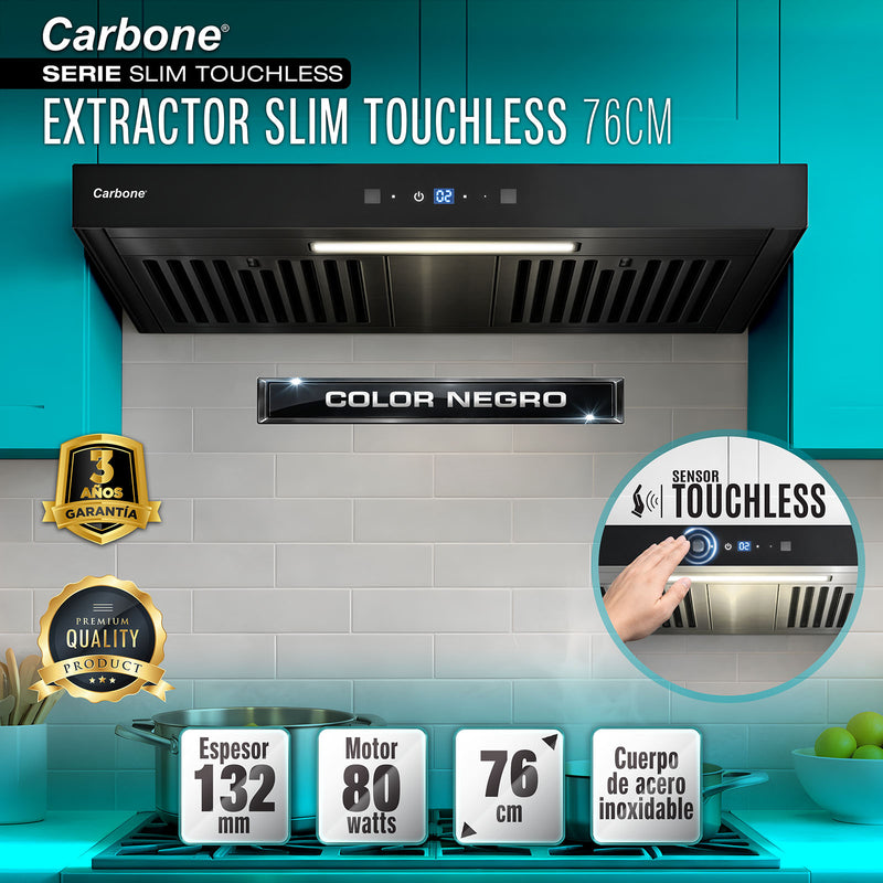 Campana Extractora SLIM Touchless 76 cm Vidrio Negro frontal cuerpo negro 80Watts Filtro Filtro deflector (Baffle) 110V
