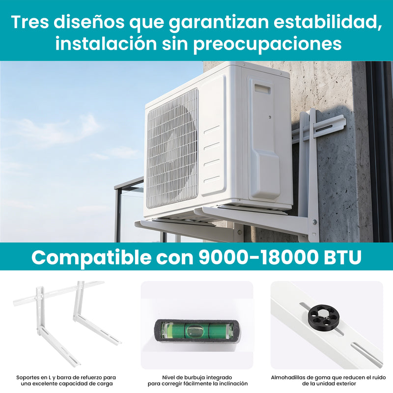 Soporte Bracket para Aire Acondicionado 80x40x50cm de Hierro Compatible 12000–18000 BTU y Espesor 1.8 mm. Incluye Accesorios y Almohadillas Antivibración. Color Blanco