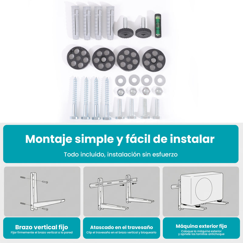 Soporte Bracket para Aire Acondicionado 80x40x50cm de Hierro Compatible 12000–18000 BTU y Espesor 1.8 mm. Incluye Accesorios y Almohadillas Antivibración. Color Blanco