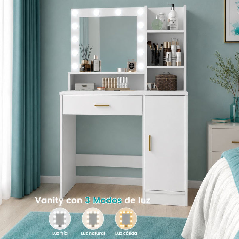 Vanity Maquilador con Espejo LED y 3 Modos de Luz (Cálida/Neutra/Fría) Tocador con Cajón y Estantes con Alimentación USB de MDF + Metal (90x40x135cm). Color Blanco
