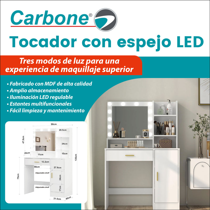 Vanity Maquilador con Espejo LED y 3 Modos de Luz (Cálida/Neutra/Fría) Tocador con Cajón y Estantes con Alimentación USB de MDF + Metal (90x40x135cm). Color Blanco