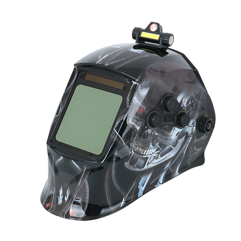 Máscara para soldar con oscurecimiento automático, carga con energía solar. Área de visión de 3.86" x 1.69".