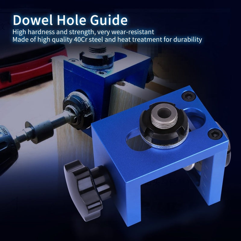 Guía de perforación con localizador de centro para carpintería.