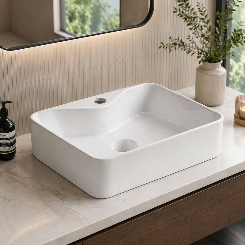 Lavamanos de Sobreponer con perforación de grifo Rectangular 48x38x13 cm Cerámica Sanitaria Premium, Diseño Moderno