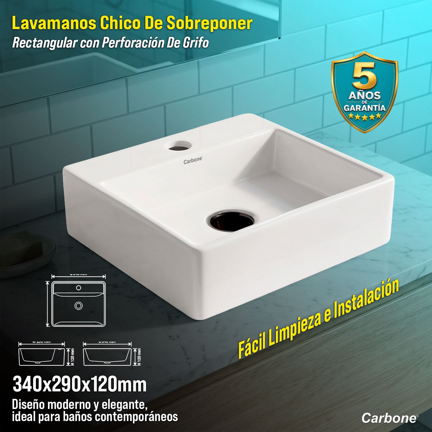 Lavamanos Chico de Sobreponer con perforación de grifo Rectangular 34x29x12 cm Cerámica Sanitaria Premium, Diseño Moderno