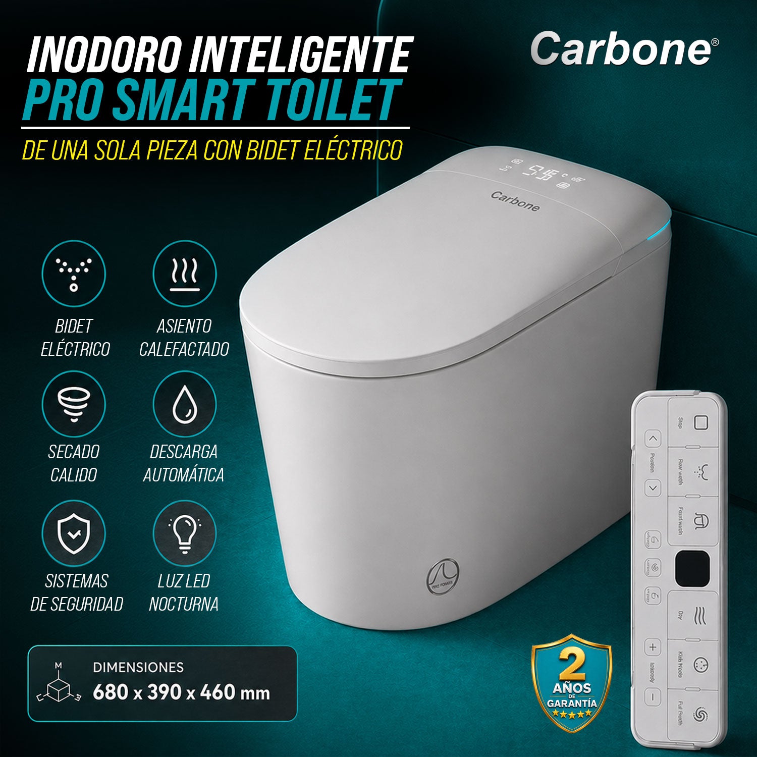 Inodoro Inteligente Pro Smart Toilet One Piece con Bidet Eléctrico 110V/60Hz manual y Control Remoto Multifunción Diseño Premium Alta calidad 680X390X460mm